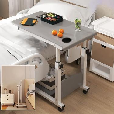 Imagem de Mesa de cama de altura ajustável para laptop - mesa móvel de quarto com rodas, mesa de cabeceira para cama de casa e hospital - mesa lateral rolante para sofá, mesa multiuso W, cinza-branco
