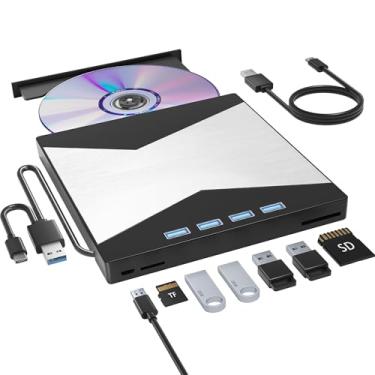 Imagem de Wbacon Unidade externa de CD/DVD para laptop, leitor de DVD para laptop, gravador de CD ultrafino 8 em 1 com 4 portas USB e 2 compartimentos para cartão TF/SD, unidade de disco externa óptica