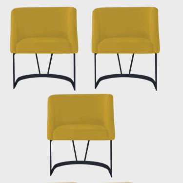 Imagem de Kit 03 Poltrona Cadeira Aurora Luxo Confort Industrial Ferro Preto Veludo Amarelo - Ahz Móveis
