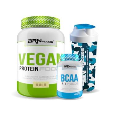 Imagem de Kit VEGAN PROTEIN 900g Baunilha + BCAA Fit Foods + Coqueteleira - BRN FOODS (Médio, Baunilha)