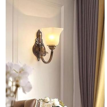 Imagem de Luminária de parede europeia, estilo retrô, preta, com vidro, para sala de estar, com base E14/12, para varanda, corredor, escada (latão, 25,5 cm)