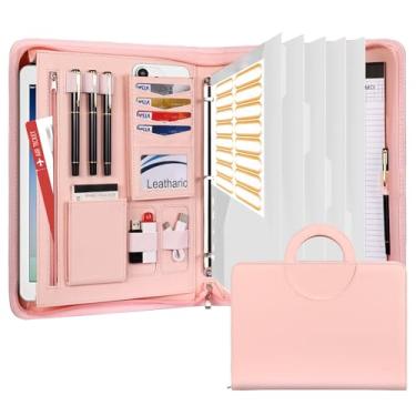 Imagem de Leathario Pasta de portfólio A4, pasta de conferência de couro vegano com alça, suporte de documentos de viagem de 4 anéis com 5 divisórias de arquivos de 5 partes, organizador de pastas de documentos