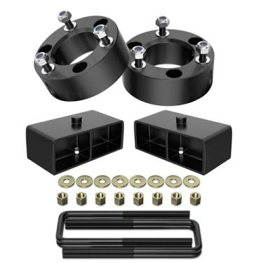 Imagem de Kit de elevação de nivelamento de 7,6 cm F + 5 cm R para Titan, espaçadores de amortecedor dianteiro de 7,6 cm e kit de bloco de elevação de nivelamento preto de 5 cm com parafusos em U quadrados estendidos compatíveis com Titan 2WD/4WD 2X2/4X4 2