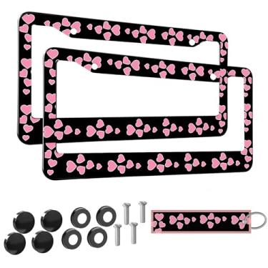 Imagem de 2 peças de moldura de placa de licença de coração rosa amor para mulheres, molduras decorativas de carro corações de amor rosa feminino, lindo suporte de placa de carro com etiqueta de chaveiro de