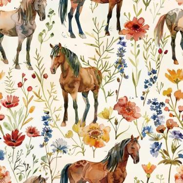 Imagem de Livelynine Papel de parede vintage de cavalos ocidentais papel de contato animal de fazenda caprichoso vinil removível rosa verde azul flor marrom colorido papel de parede floral para quarto meninas