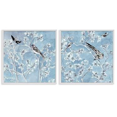 Imagem de Stupell Industries Conjunto de arte giclée emoldurado branco com pássaros de serenidade cunhada sobre azul por Melissa Wang, 12 x 12