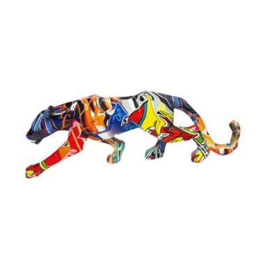 Imagem de Fenteer Estátua de leopardo, estatueta de leopardo, ornamento de leopardo ambulante, escultura para decoração de estante de lareira, armário de sala de estar, Grafite Colorido