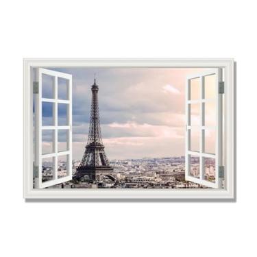 Imagem de Janela de arte de parede com impressão em tela. Vista de janela falsa. Impressão de imagem natural em tela. Arte de cenário para decoração de sala de estar. (Vista da Torre Eiffel de Paris 26). 50 x
