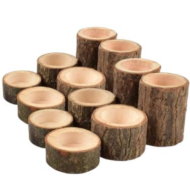 Imagem de Tesytto Conjunto de 12 castiçais de madeira para luz de chá, castiçais de luz de chá vintage votivos de madeira natural personalizados para centros de mesa de jantar e festa de casamento (conjunto de