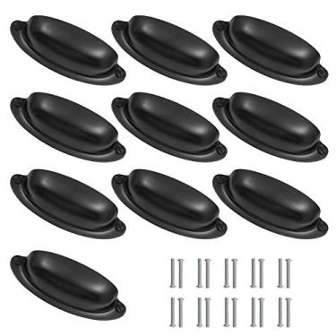 Imagem de Kyuionty - 10 peças de puxadores pretos antigos para gavetas, puxadores de metal de 8,89 cm, puxador de concha vintage para armários de cozinha, móveis, guarda-roupas, medicamentos