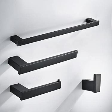 Imagem de Conjunto de banheiro preto fosco - gancho para roupão de aço inoxidável 304, porta-papel e barra para toalhas | Montagem por parafuso, 3 peças, conjunto de 4 peças