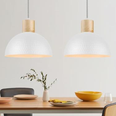 Imagem de ELYONA Pacote com 2 luzes pendentes marteladas, lâmpada suspensa moderna de metal de 30,5 cm, luminárias pendentes de madeira maciça para ilha de cozinha, fazenda, sala de jantar, pia, quarto