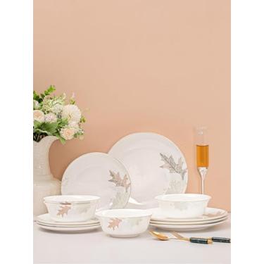 Imagem de Conjunto de louça Bone China de 12 peças para 4 – Inclui pratos redondos e tigelas de sopa, seguro para micro-ondas e lava-louças, resistente a lascas, ótima escolha para um presente de Natal (folha