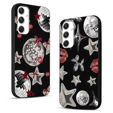Imagem de Pacote com 2 capas de telefone legais Y2K para Samsung Galaxy A54 5G 16.8 cm, Y3K Cute Stars Kawaii Bow Cases Impressão Lábios Bola Discoteca Capa Padrão Fita Vermelha, Preta Fina Proteção Funda para