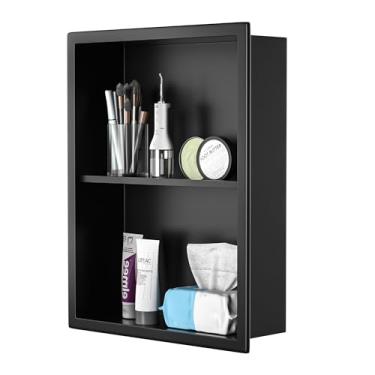 Imagem de Bernkot Armário de parede de banheiro 45,7 cm x 35,5 cm preto fosco sobre o vaso sanitário armário de remédios de armazenamento sem porta nicho de parede inoxidável com prateleira de 2 camadas para