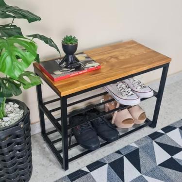 Imagem de Sapateira Industrial Banco Organizador Decorativo Montado 60cm Duas Prateleiras Multiuso Aço E Madeira Maciça