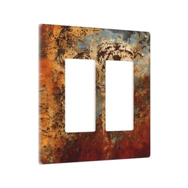 Imagem de Xuejiaku Capas de tomada Texturas enferrujadas 2 Gang Double Rocker Light Switch Placa decorativa de parede GFCI Capas de placa de interruptor elétrico para decoração de casa de fazenda