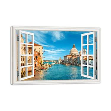 Imagem de Impressão em tela emoldurada de madeira janela de arte de parede paisagem de água de Veneza paisagem 3D falsa janela vista paisagem paisagem imagem impressão em tela arte de parede para sala de estar