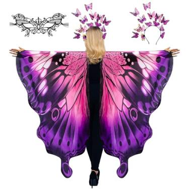 Imagem de cosmisun Butterfly Wings Costume for Women - Pink Purple Fairy Butterfly Wing Shawl with Headband Black Mask Set, Cosplay Cape Costume for Adult, Halloween Party Dress Up Daily Photo Prop