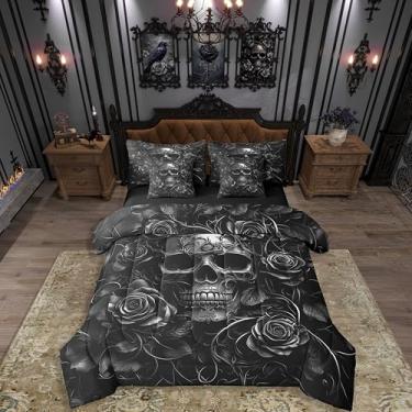 Imagem de Erosebridal Conjunto de edredom King com caveira de açúcar, estampa floral rosa cinza, para crianças, meninos, meninas, adolescentes, adultos, cama de esqueleto gótico em uma bolsa, conjunto de cama