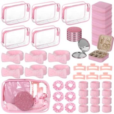 Imagem de 48 peças de artigos de festa rosa do pijama para meninas, lembrancinhas de festa de spa rosa, caixa de joias da moda, bolsa de cosméticos, espelhos, faixas elásticas, faixas de cabelo, pulseiras