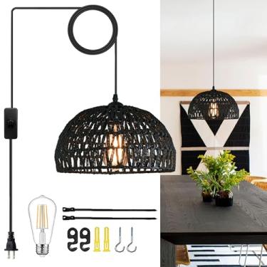 Imagem de Ayshwill Dezembro Luz pendente de vime de vime preto - Lustre de vime Boho de 4,5 m para sala de jantar cozinha ilha (lâmpada incluída)