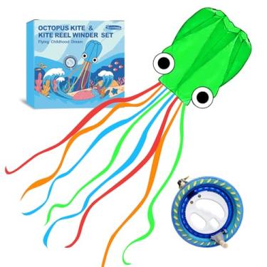 Imagem de Kaiciuss Conjunto De Pipa E Carretilha Octopus, Fácil Pilotar Para Viagens À Praia, Nice Winder Crianças Adultos, Estilo Sem Moldura Linha Única Com Kit Rodas 7,2" (Verde)