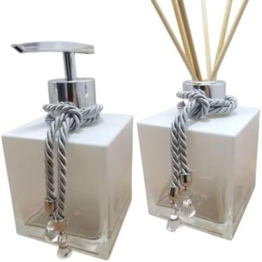 Imagem de Kit Lavabo Vidro 250Ml Branco Porta Sabonete com Válvula Luxo e Difusor com Varetas Decoradas Para Banheiro Lavabo Organização e Decoração - Luiggi Presentes® (Degradê e Prata)