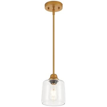 Imagem de VILUXY Luminária pendente de vidro dourado para ilha da cozinha, 1 luminária suspensa de vidro transparente, mini luminária de teto moderna para sala de jantar, sobre a pia