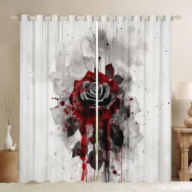 Imagem de Cortinas de janela de flores românticas, tratamentos de janela de cozinha com graffiti floral rosa vermelha e preta, tema de dia dos namorados, cortinas de janela para decoração de casa, 2 painéis