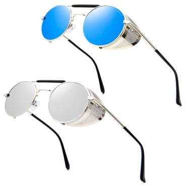 Imagem de RONSOU Óculos de sol Steampunk estilo redondo, vintage, polarizado, retrô, proteção UV400, armação Matel, A11 2 peças armação prata lente prata + armação prata lente azul (ambas não polarizadas