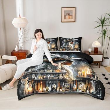 Imagem de Manfei Conjunto de edredom queen para meninas bruxas, poção mágica, reversível, para adolescentes, crianças, gótica, lua, galáxia, 3 peças, enchimento de edredom misterioso para decoração de Halloween