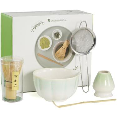 Imagem de Conjunto de batedor Matcha, kit Matcha de 5 peças com tigela de cerâmica (Chawan) com bico, batedor de bambu, colher, peneira, suporte e pano de chá – Conjunto de chá Matcha japonês para cerimônia