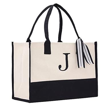 Imagem de VANESSA ROSELLA Monograma de presente personalizado inicial 100% algodão dois tons chique sacola com opção de personalização - preta, J, G