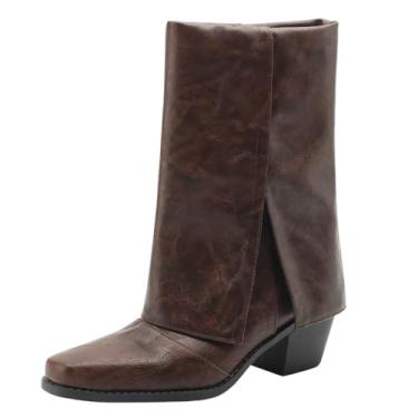 Imagem de baobeijiadao Botas femininas de bico quadrado, cano médio, salto grosso, dobrável, sem cadarço, botas modernas, antiderrapantes para mulheres, Marrom escuro, 36