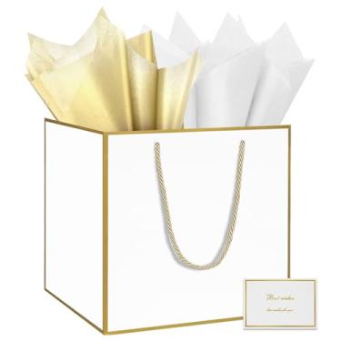 Imagem de HONTIUS Saco de presente preto extra grande de 29 cm, bolsa de presente quadrada gigante branca GG com papel de seda e cartão para presentes de aniversário de casamento, presentes de Natal