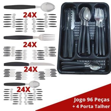 Imagem de Faqueiro Aço Inox 96 Pçs C/ 4 Porta Talheres Berlim Preto - EM CASA TE
