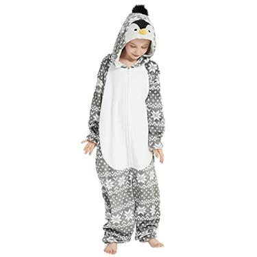 Imagem de ABENCA Macacão de pinguim para crianças, fantasia de animal, meninas, pijama de pelúcia, cosplay, Halloween, Natal, Pinguim cinza floco de neve, 8-9 Anos