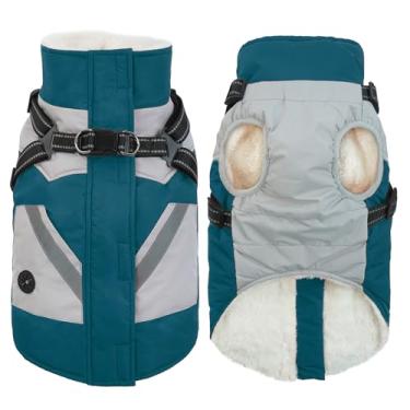 Imagem de IECOii Jaqueta de inverno para cães pequenos, casaco impermeável para cães com arnês embutido, jaqueta de lã refletiva à prova de vento com zíper para cães, roupa de neve térmica quente para clima