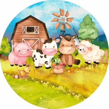 Imagem de Painel de Tecido Sublimado Redondo Fazendinha Animais no Campo c/ Elás