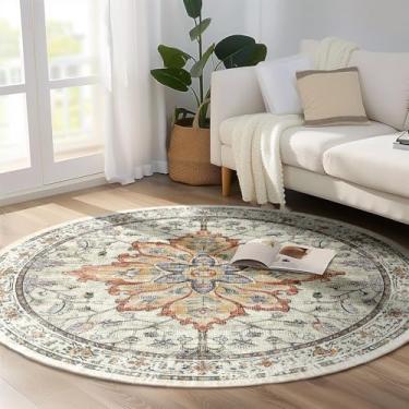 Imagem de RELEANY Tapetes de área de 2,1 m, lavável, antiderrapante, floral, vintage, estampa de angústia, tapete medalhão para sala de estar, quarto, sala de jantar, amarelo claro cinza carbono laranja