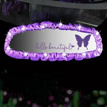Imagem de Dotesy 3 peças de capa de espelho retrovisor brilhante, protetor de espelho retrovisor automático de couro PU elástico com acessórios internos de carro borboleta universal para carro, SUV, van (roxo)