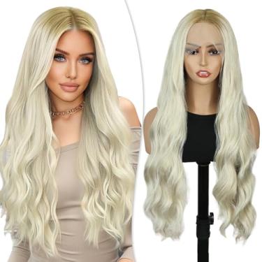Imagem de PHOCAS Peruca frontal de renda loira encaracolada de 76 cm x 33 cm peruca frontal sintética pré-arrancada, parte livre, loira ombré, ondulada, HD, perucas frontais de renda para mulheres, Halloween
