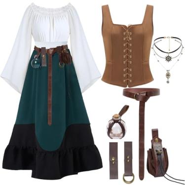 Imagem de JaGely 8 peças de fantasia renascentista feminina de Halloween vestido medieval com espartilho poção garrafa cinto bolsa moeda colar (verde escuro, médio)