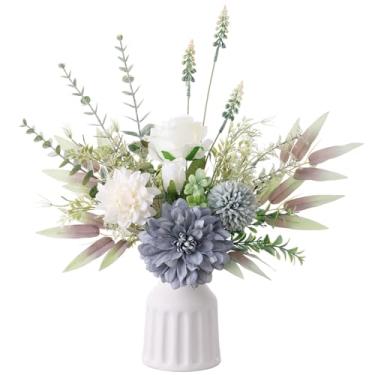 Imagem de Flores falsas em vaso, flores artificiais com vaso, arranjos florais de 38 cm para decoração de mesa de jantar, rosas de seda e buquê de dália falsa para decoração de mesa de centro de cozinha de