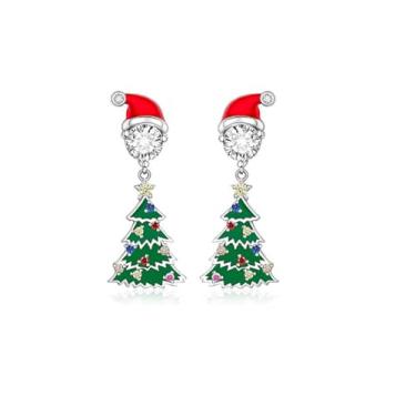 Imagem de Brincos femininos com pingente de árvore de Natal - Delicado chapéu de Papai Noel vermelho de cristal de zircônia cúbica para festas de fim de ano, acessório de fantasia, brinco pendente, enfeite de
