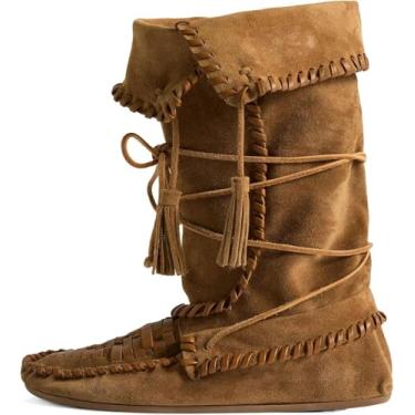 Imagem de Bota feminina de camurça, cano baixo, dobrável, com borlas chicoteadas, botas ocidentais, cano médio, botas curtas para mulheres, Caqui, 38