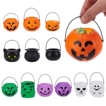 Imagem de HOBBIESAY 12 peças, mini porta-doces de Halloween, portátil, abóbora, fantasma, caldeirão, balde, suprimentos de festa de plástico, 5 cores para decoração de festa de Halloween, doces ou travessuras