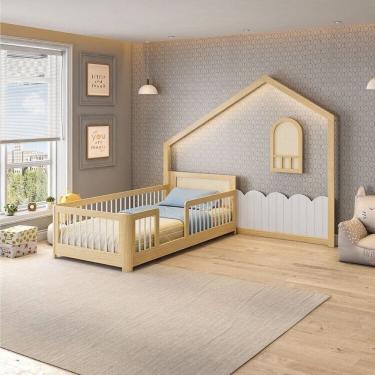 Imagem de Cama Montessoriana Wave Solteiro e Moldura com Led New Garden Casatema Natural/Branco