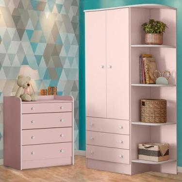Imagem de Quarto Infantil Guarda Roupa 2P e Cômoda Trocador Rosa - Qmovi